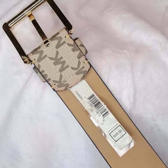 Michael Kors Womens MK Logo Print Tan Brown Belt Gold Buckle Size Small - Picture 9 of 11